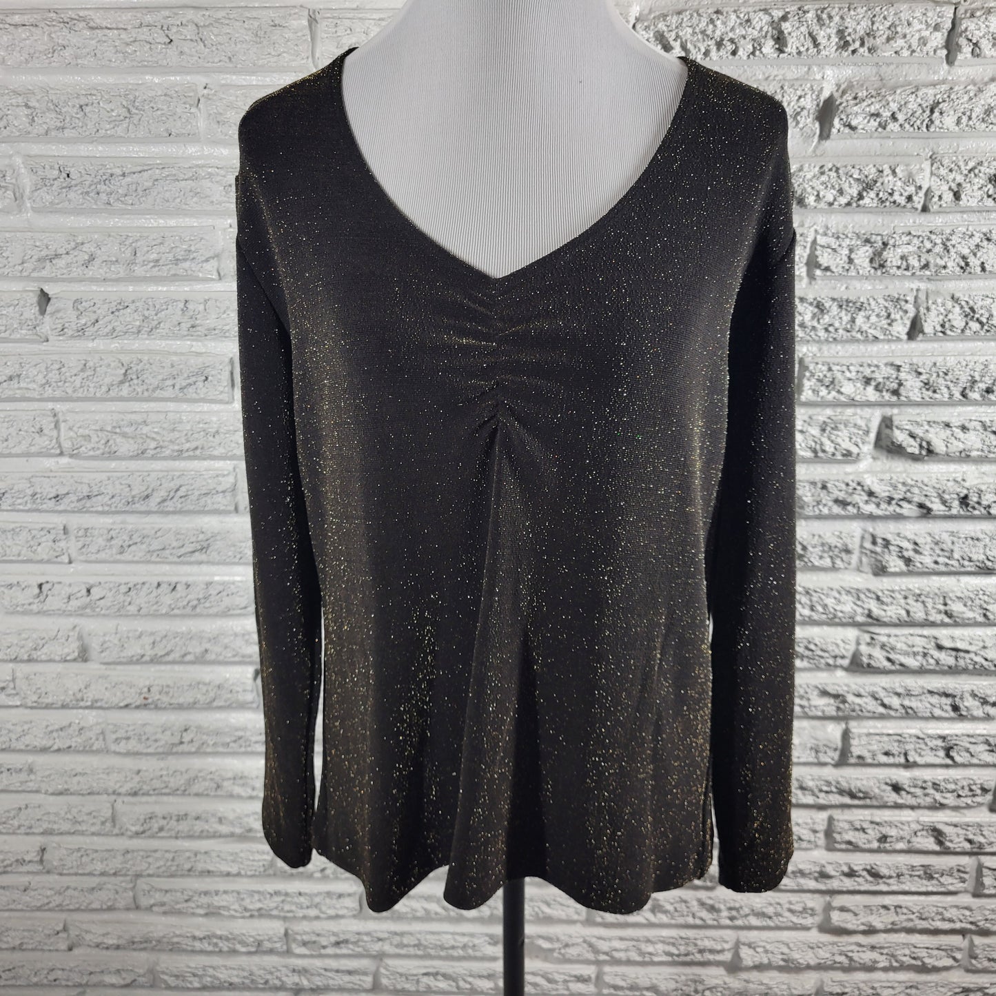 Chicos Travelers Top XL Black Metallic Sparkle Pleated V-Neck Blouse BLA141E