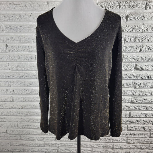 Chicos Travelers Top XL Black Metallic Sparkle Pleated V-Neck Blouse BLA141E