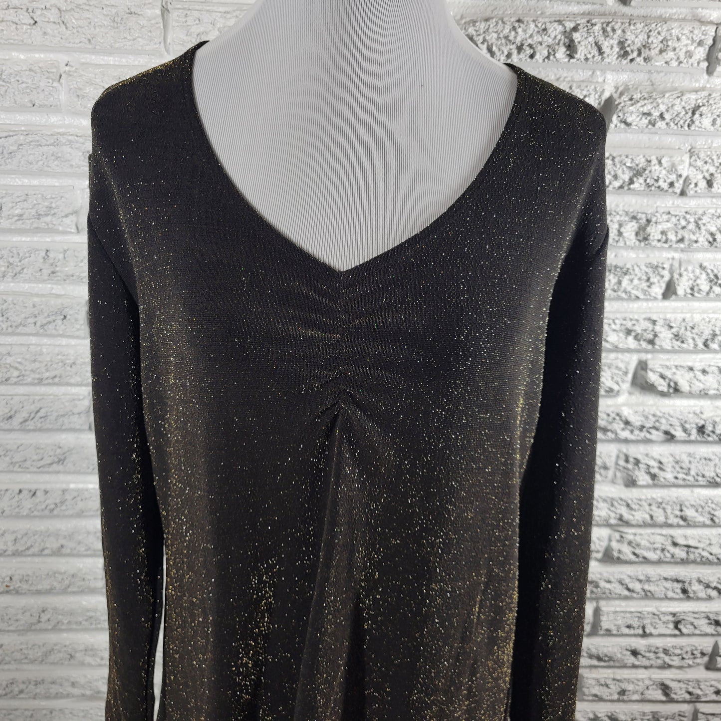 Chicos Travelers Top XL Black Metallic Sparkle Pleated V-Neck Blouse BLA141E