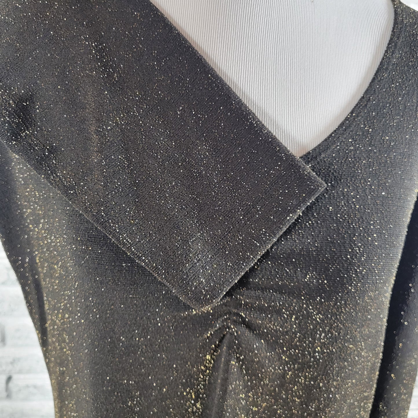 Chicos Travelers Top XL Black Metallic Sparkle Pleated V-Neck Blouse BLA141E