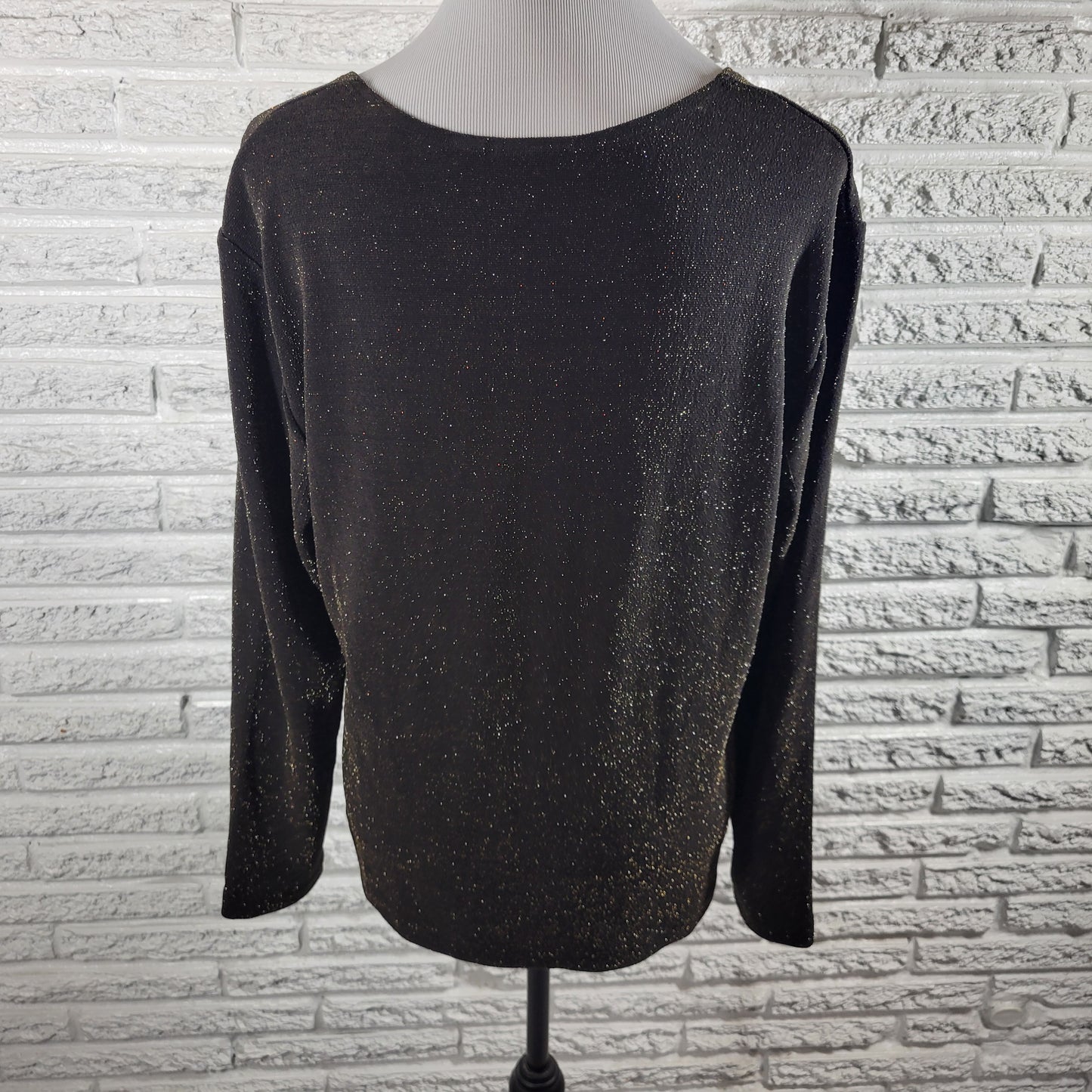 Chicos Travelers Top XL Black Metallic Sparkle Pleated V-Neck Blouse BLA141E