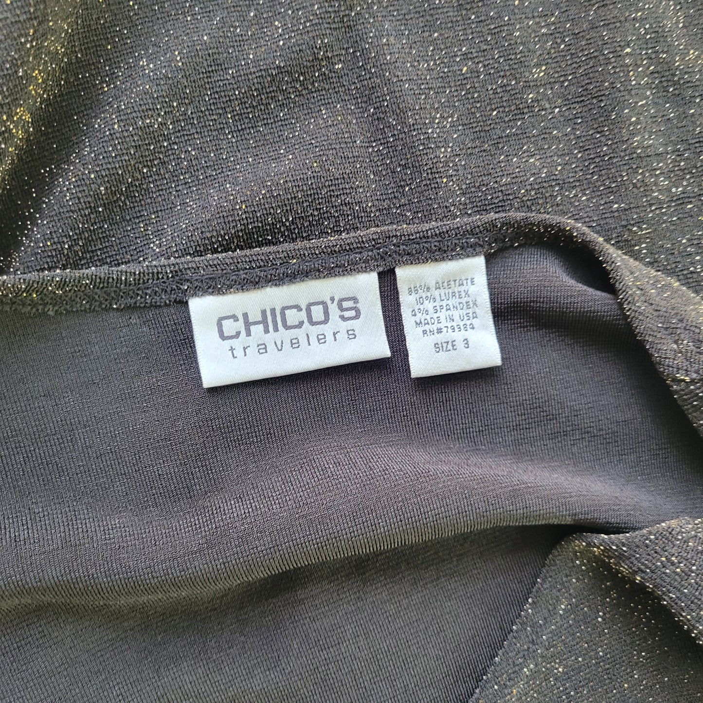 Chicos Travelers Top XL Black Metallic Sparkle Pleated V-Neck Blouse BLA141E
