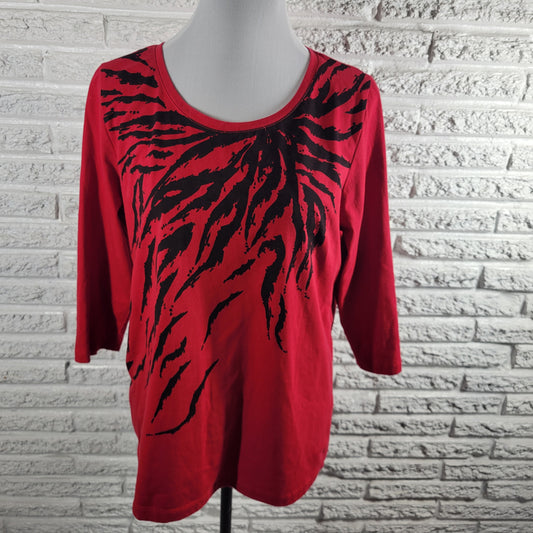 Coral Bay Tee XL Red Animal Print 3/4 Sleeve Crew Neck Cotton Blend Top ANI57XE