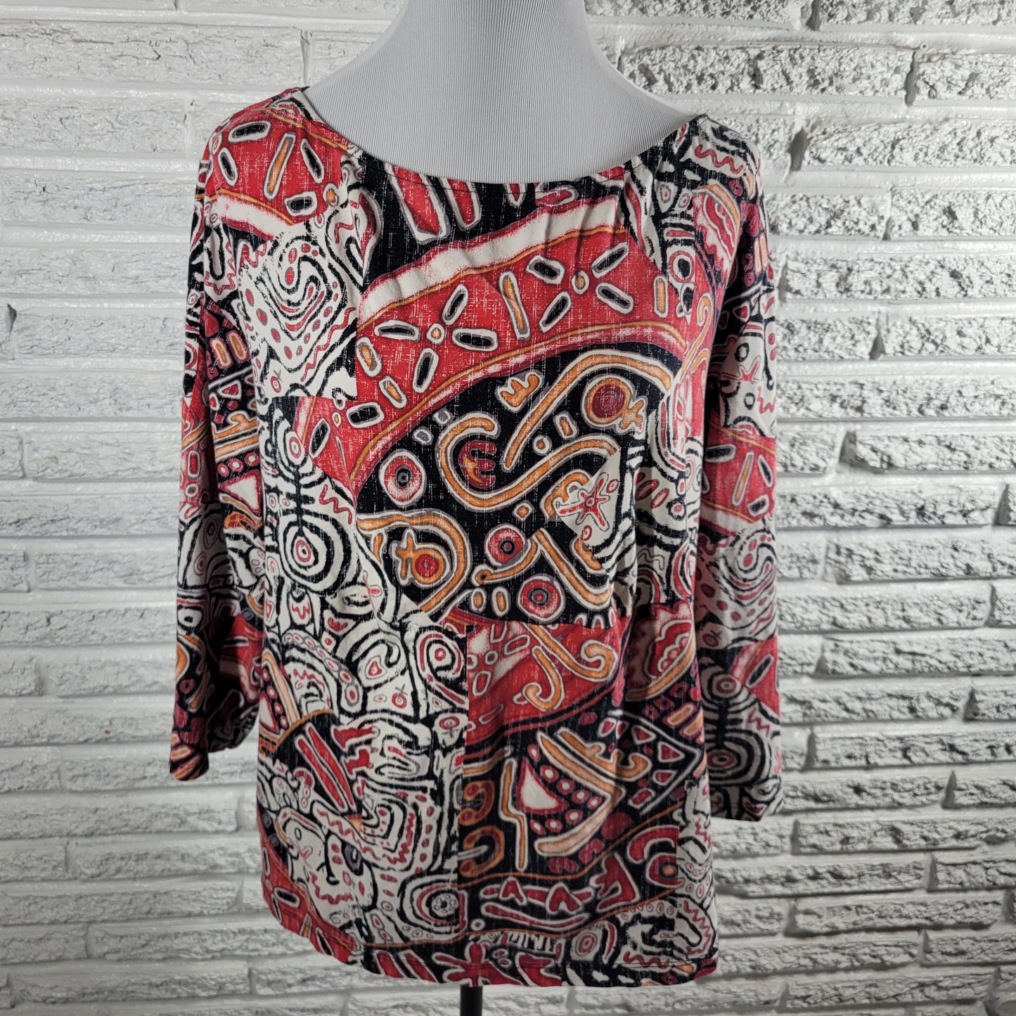 Ruby Rd 2X Top Tribal Geometric 3/4 Sleeve Colorful Plus Cotton Stretch GEO176E