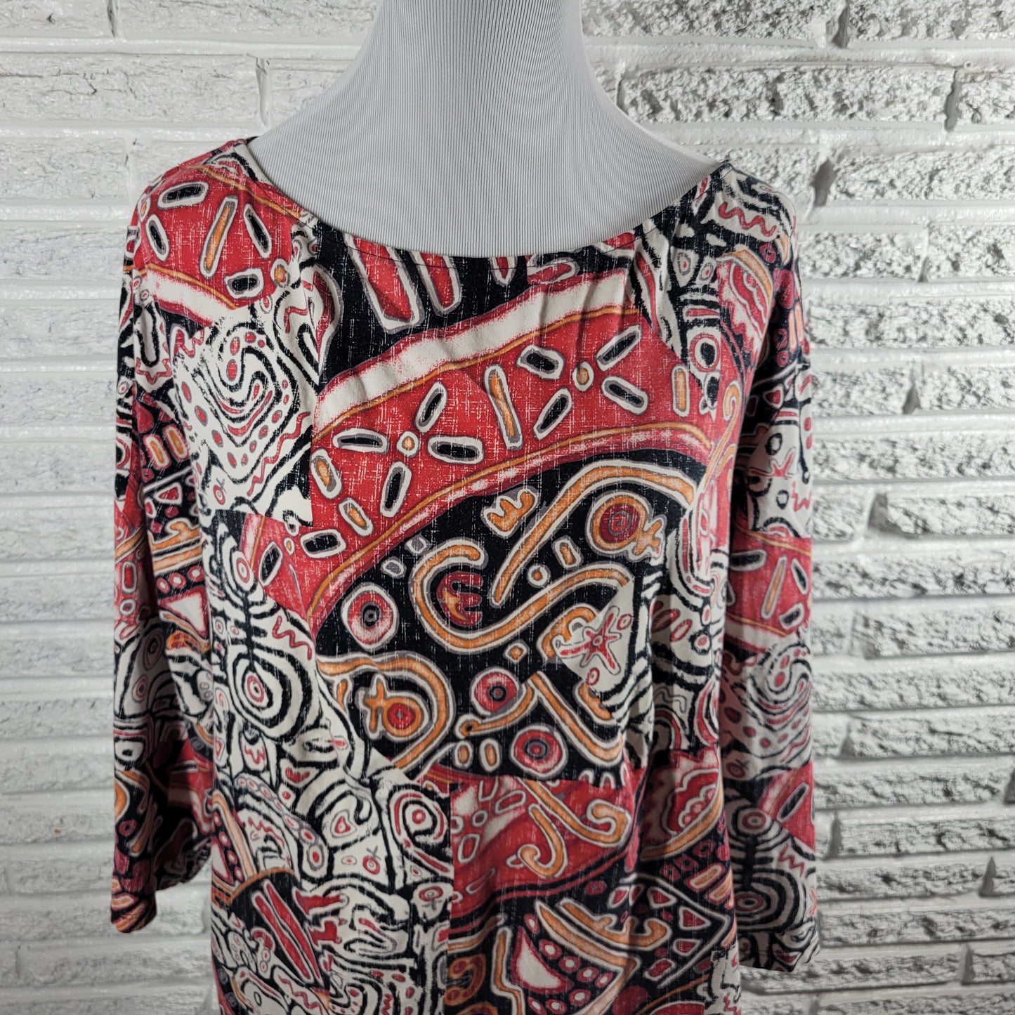 Ruby Rd 2X Top Tribal Geometric 3/4 Sleeve Colorful Plus Cotton Stretch GEO176E