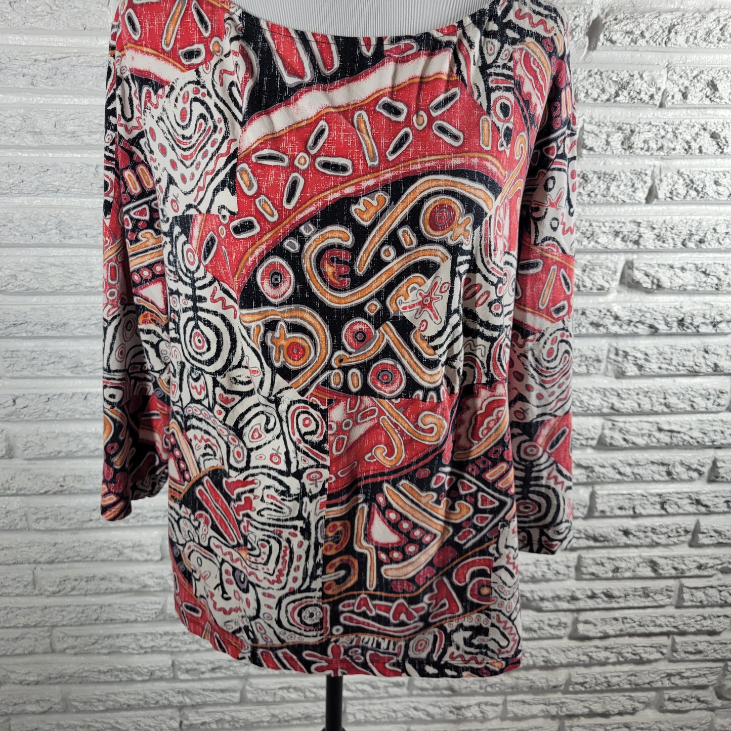 Ruby Rd 2X Top Tribal Geometric 3/4 Sleeve Colorful Plus Cotton Stretch GEO176E