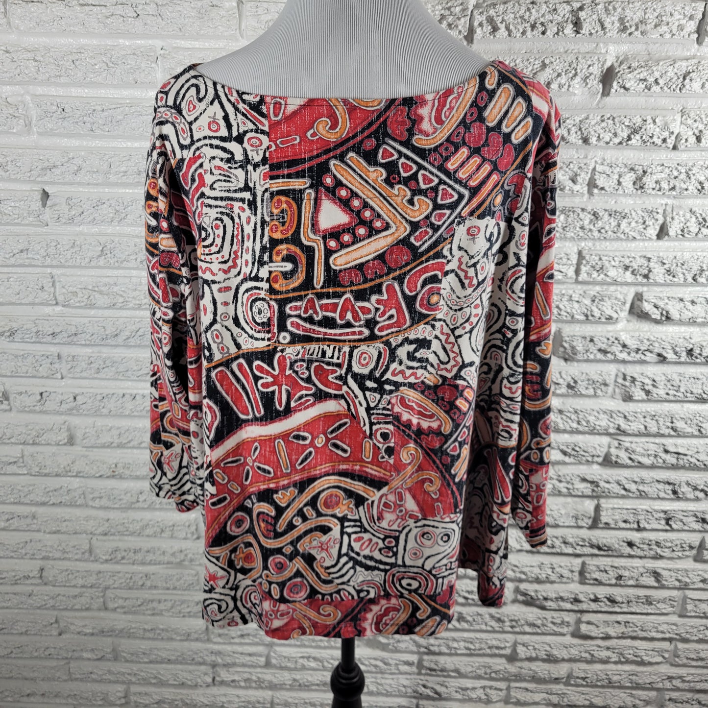 Ruby Rd 2X Top Tribal Geometric 3/4 Sleeve Colorful Plus Cotton Stretch GEO176E