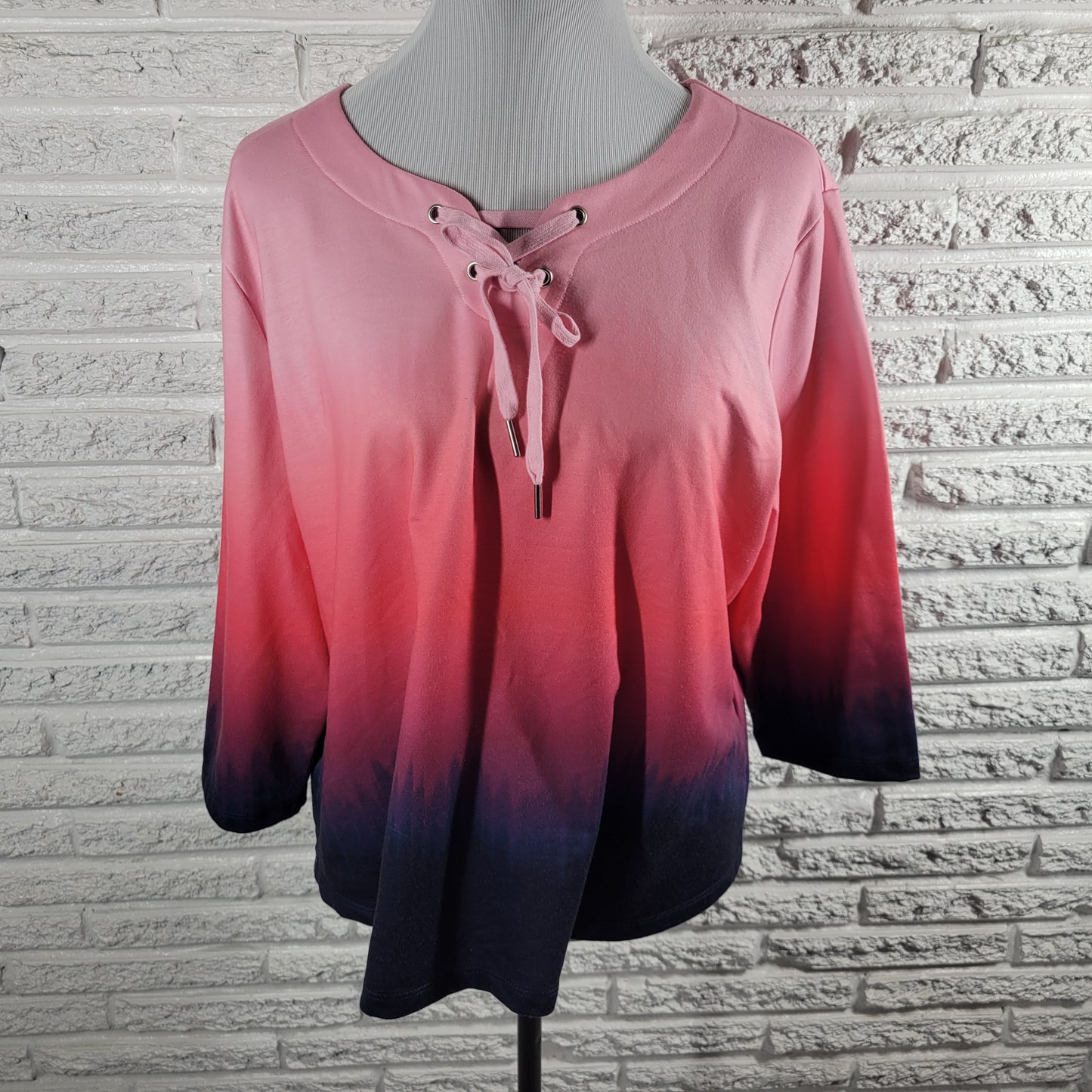 Allison Daley PXL Top Blouse Ombre Multicolor Lace Up Round Neck Petite A9XE