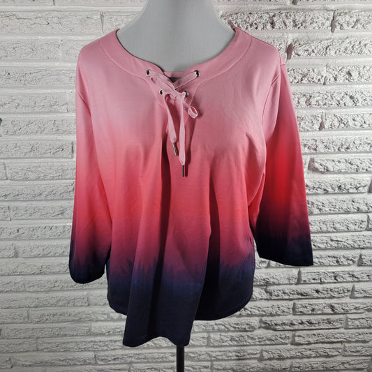 Allison Daley PXL Top Blouse Ombre Multicolor Lace Up Round Neck Petite A9XE