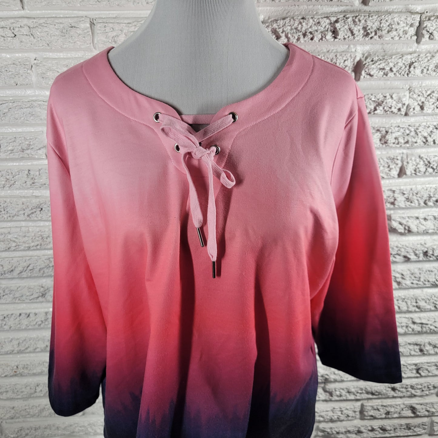 Allison Daley PXL Top Blouse Ombre Multicolor Lace Up Round Neck Petite A9XE