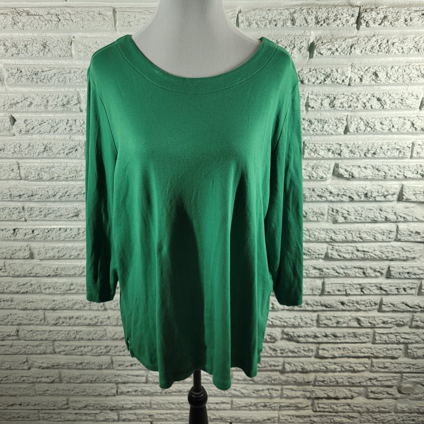 Coldwater Creek 2X Top Green Boat Neck 3/4 Sleeve 100% Cotton Plus Blouse GRE1X
