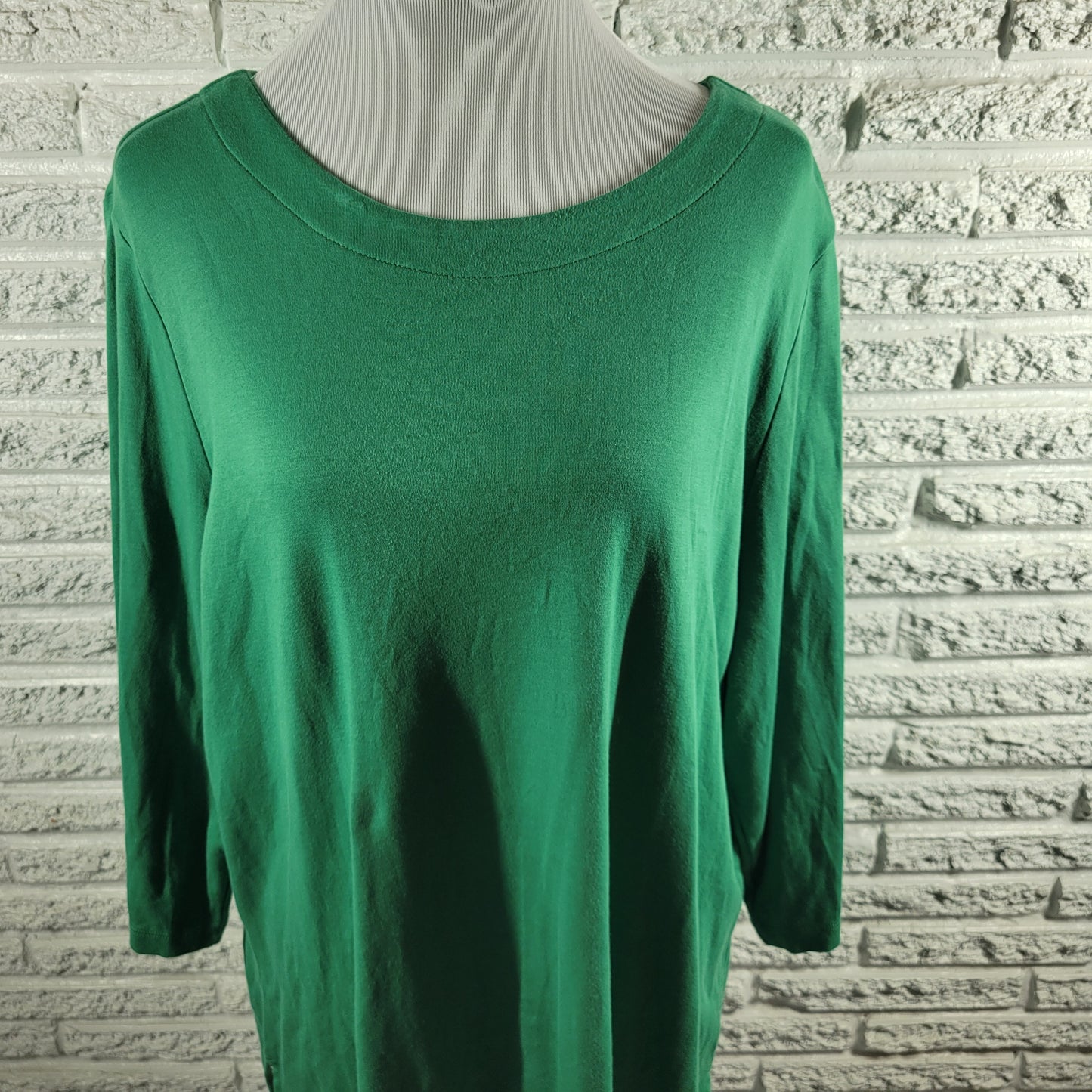 Coldwater Creek 2X Top Green Boat Neck 3/4 Sleeve 100% Cotton Plus Blouse GRE1X