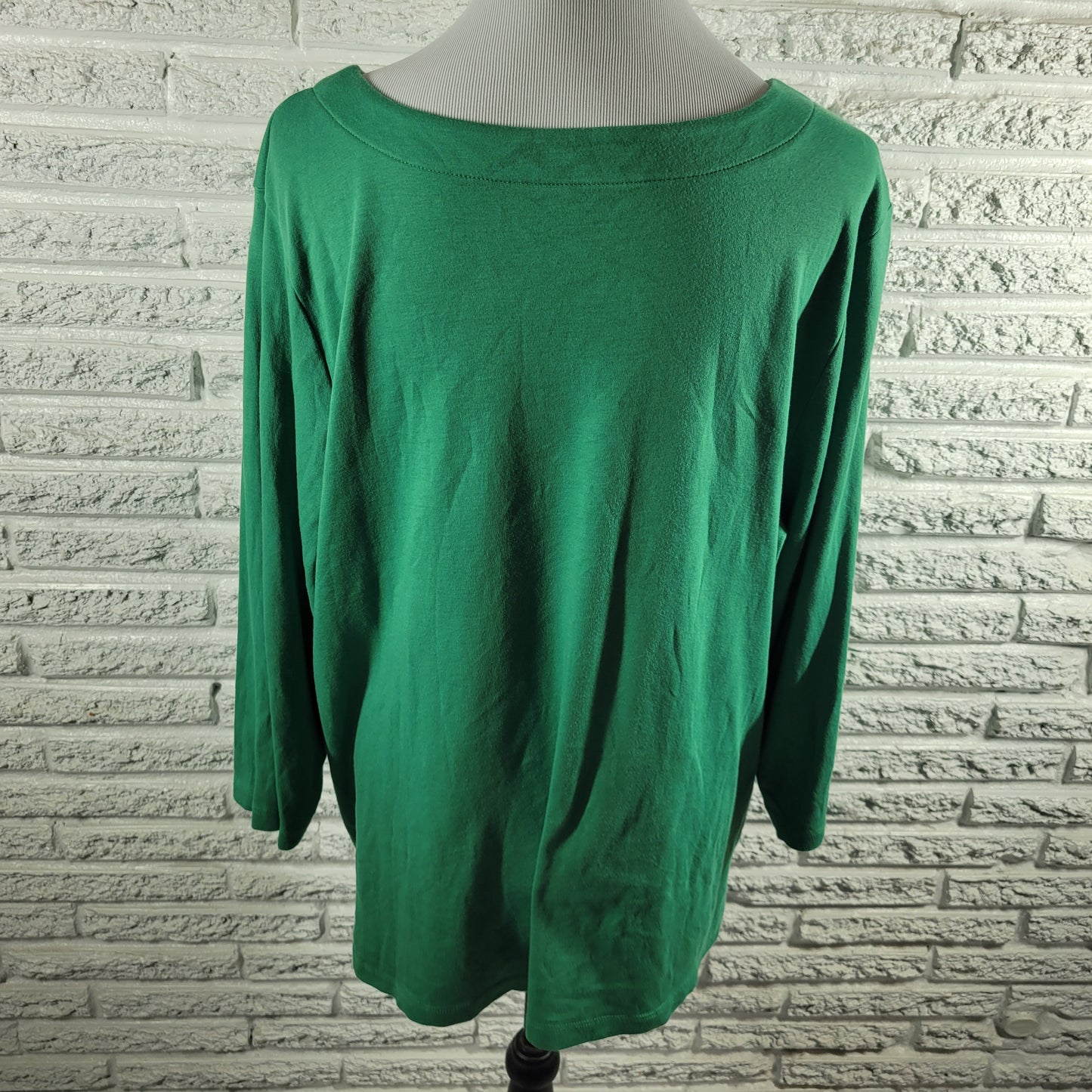 Coldwater Creek 2X Top Green Boat Neck 3/4 Sleeve 100% Cotton Plus Blouse GRE1X