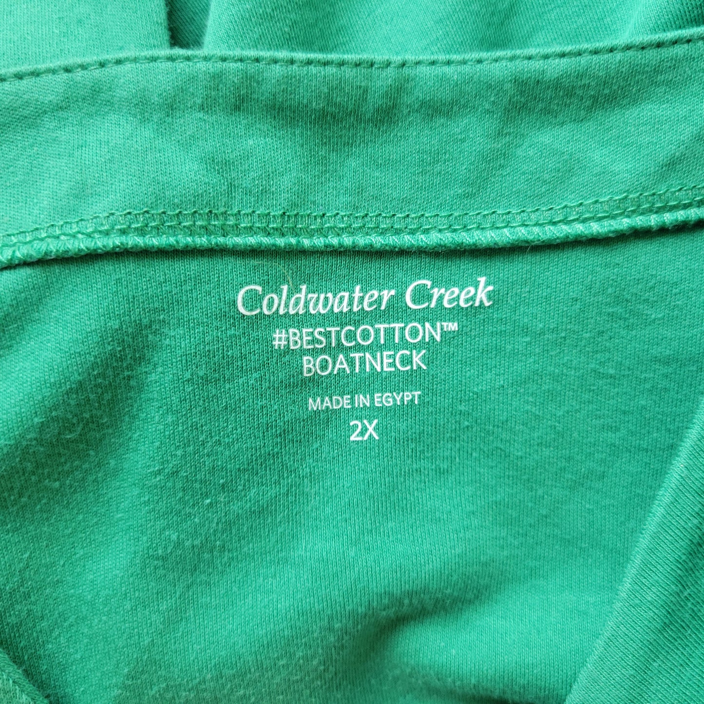 Coldwater Creek 2X Top Green Boat Neck 3/4 Sleeve 100% Cotton Plus Blouse GRE1X