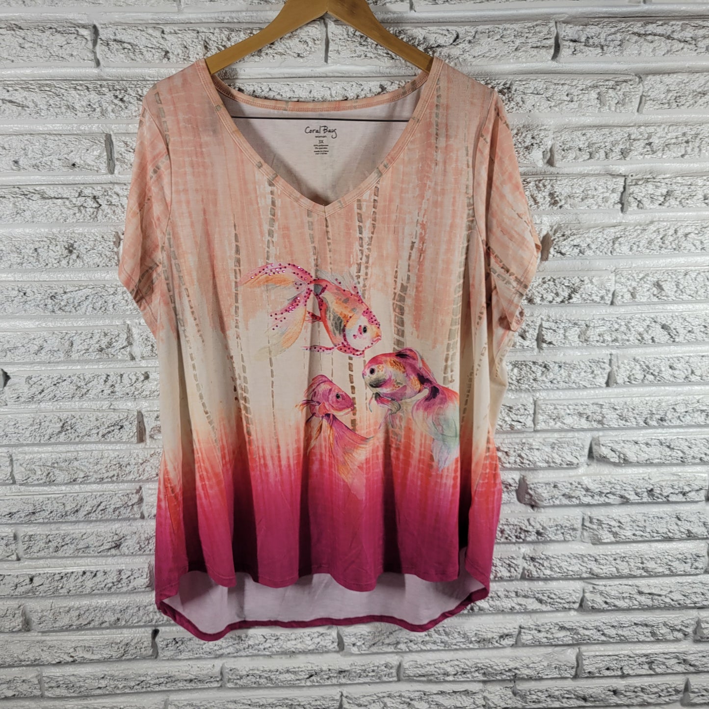Coral Bay 3X Tee Ombre Tropical Fish Studded V Neck Short Sleeve Plus  NOV102E
