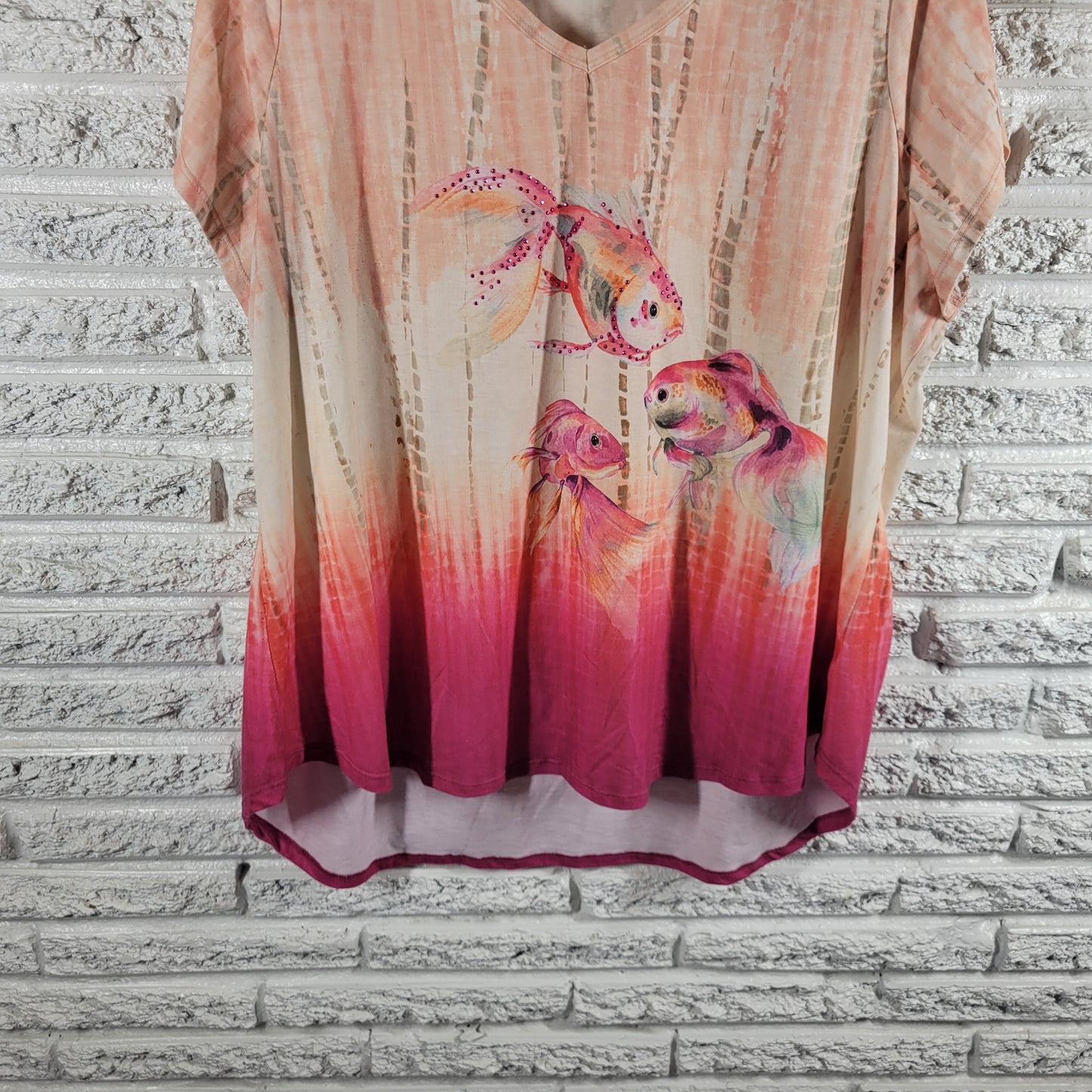 Coral Bay 3X Tee Ombre Tropical Fish Studded V Neck Short Sleeve Plus  NOV102E