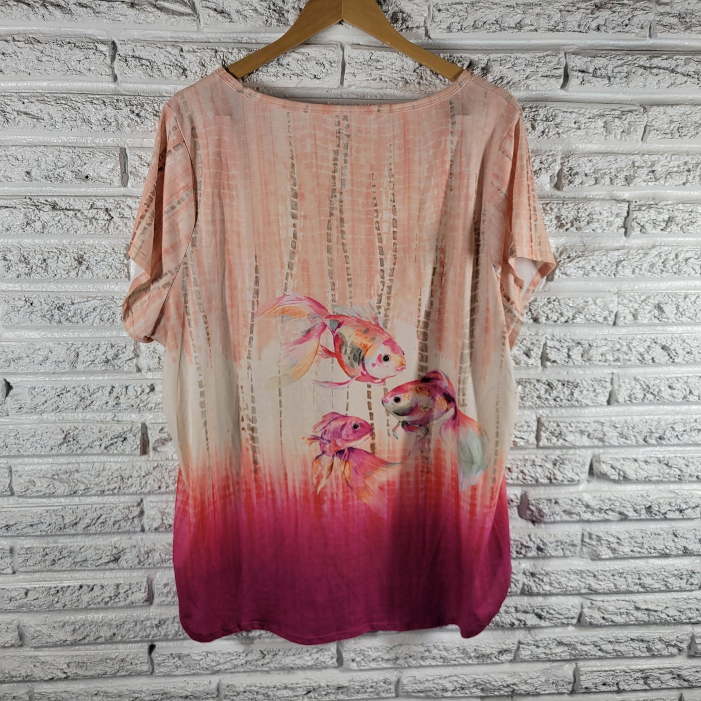 Coral Bay 3X Tee Ombre Tropical Fish Studded V Neck Short Sleeve Plus  NOV102E