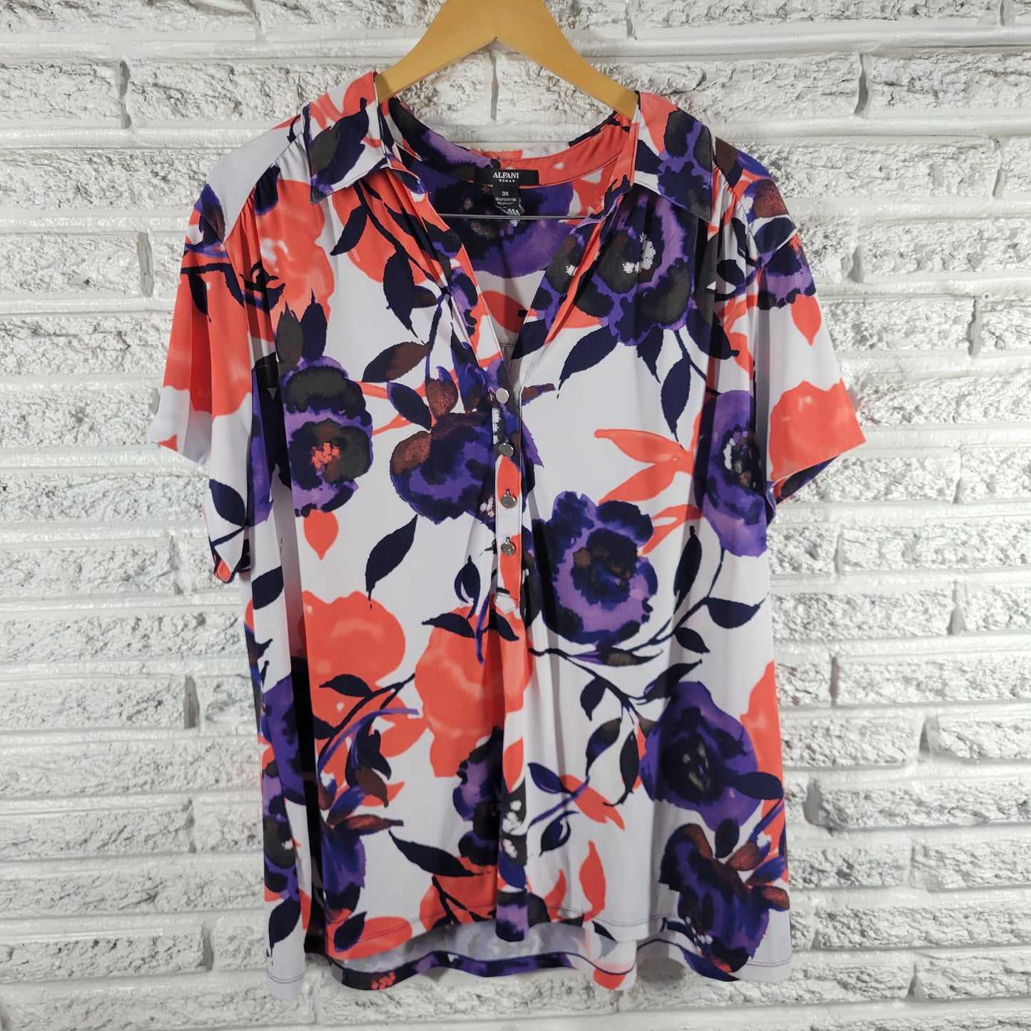 Alfani 3X Blouse Floral Short Sleeve 1/4 Button Collared Top Women Plus FLO43E