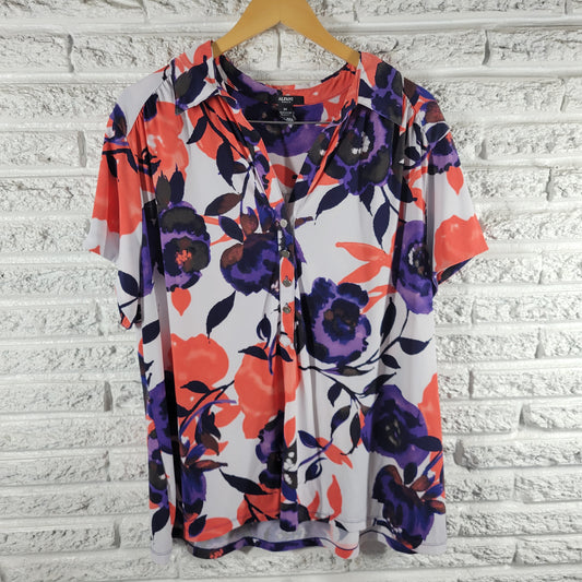 Alfani 3X Blouse Floral Short Sleeve 1/4 Button Collared Top Women Plus FLO43E