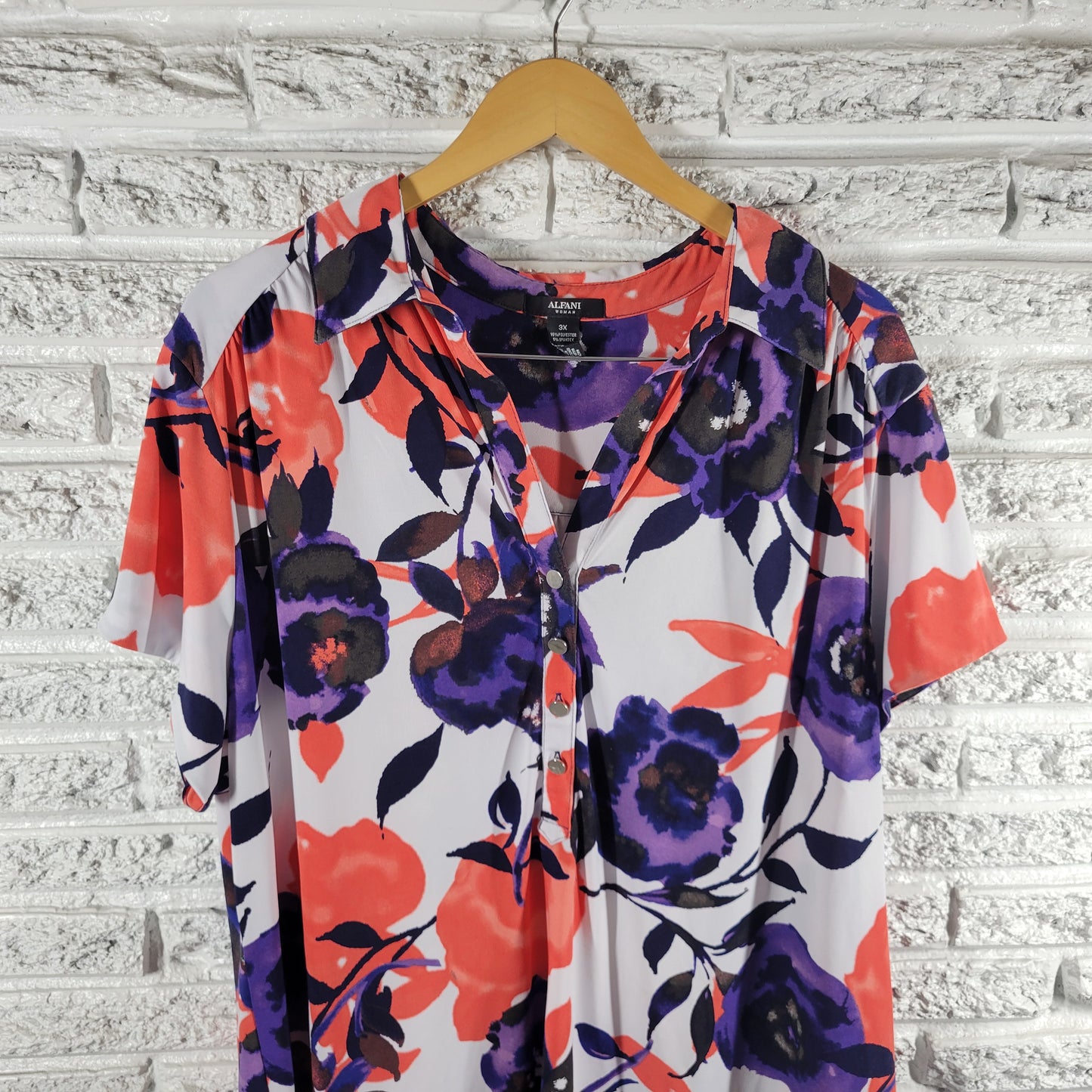 Alfani 3X Blouse Floral Short Sleeve 1/4 Button Collared Top Women Plus FLO43E