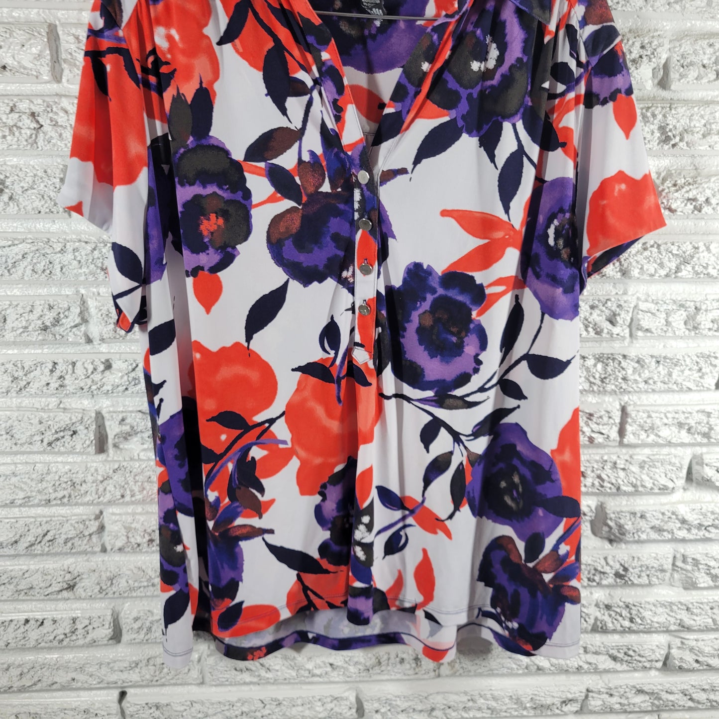 Alfani 3X Blouse Floral Short Sleeve 1/4 Button Collared Top Women Plus FLO43E