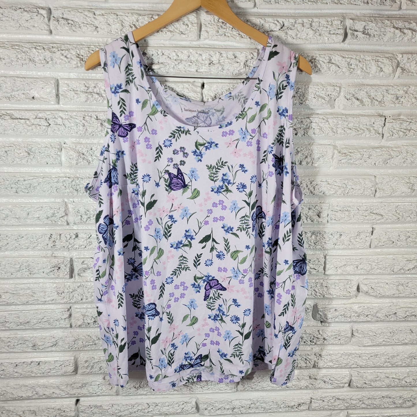 Woman Within Womens Tank Top 2X Floral Butterfly Blouse Sleeveless FLO262E