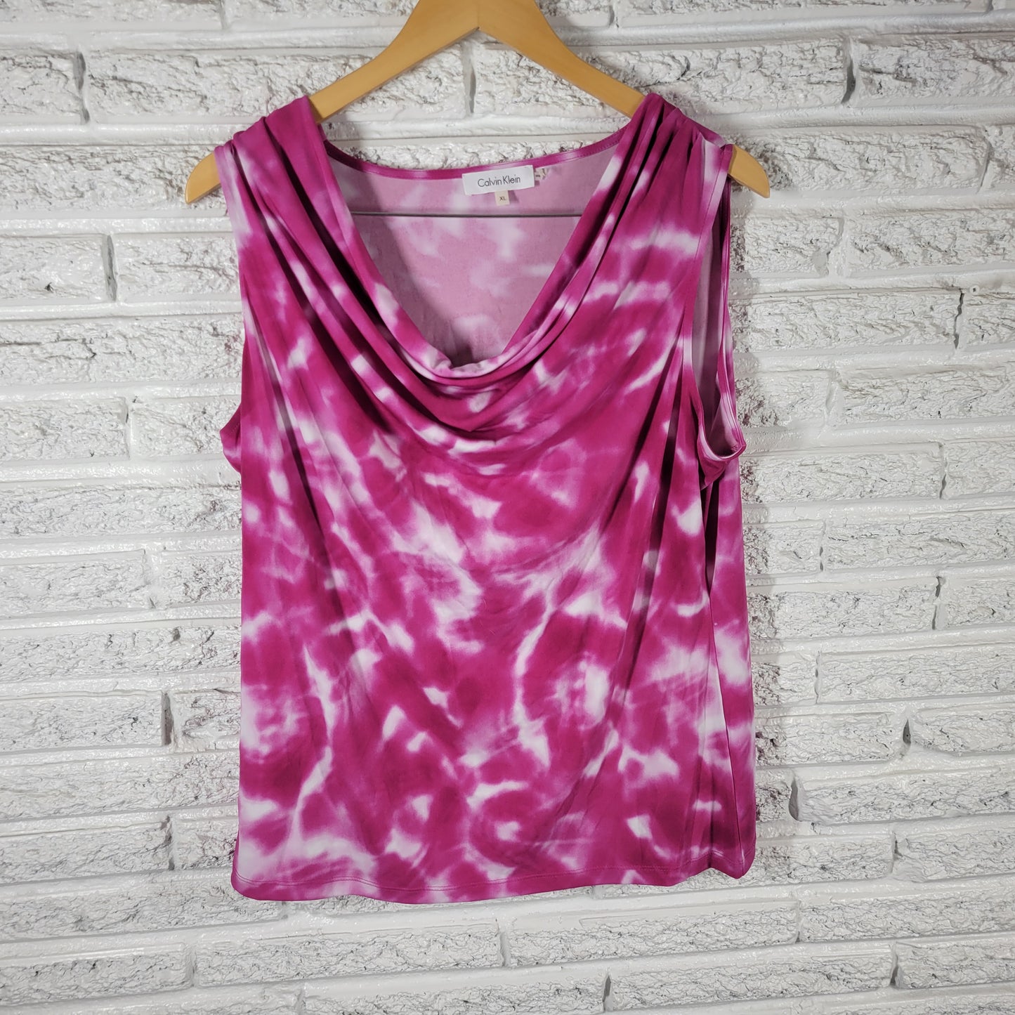 Calvin Klein Womens Top XL Pink White Tie Dye Draped Neck Sleeveless TIE34E
