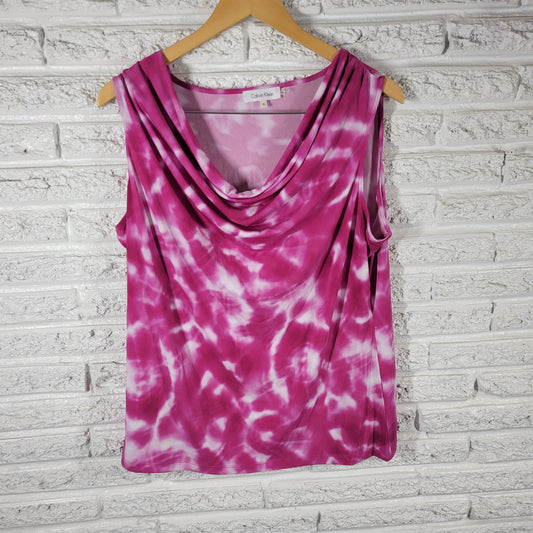 Calvin Klein Womens Top XL Pink White Tie Dye Draped Neck Sleeveless TIE34E