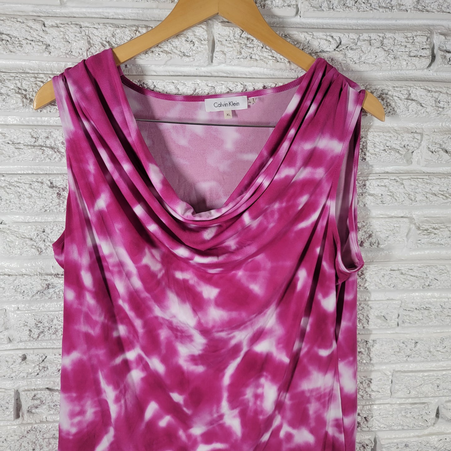 Calvin Klein Womens Top XL Pink White Tie Dye Draped Neck Sleeveless TIE34E