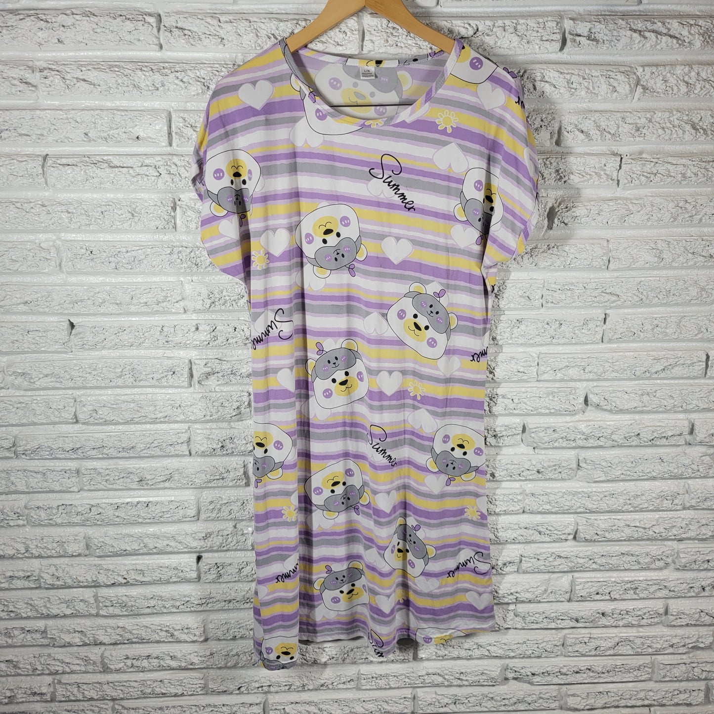 Cute Bear Striped Nightgown Womens L/XL Summer Sleep Shirt STR134XE