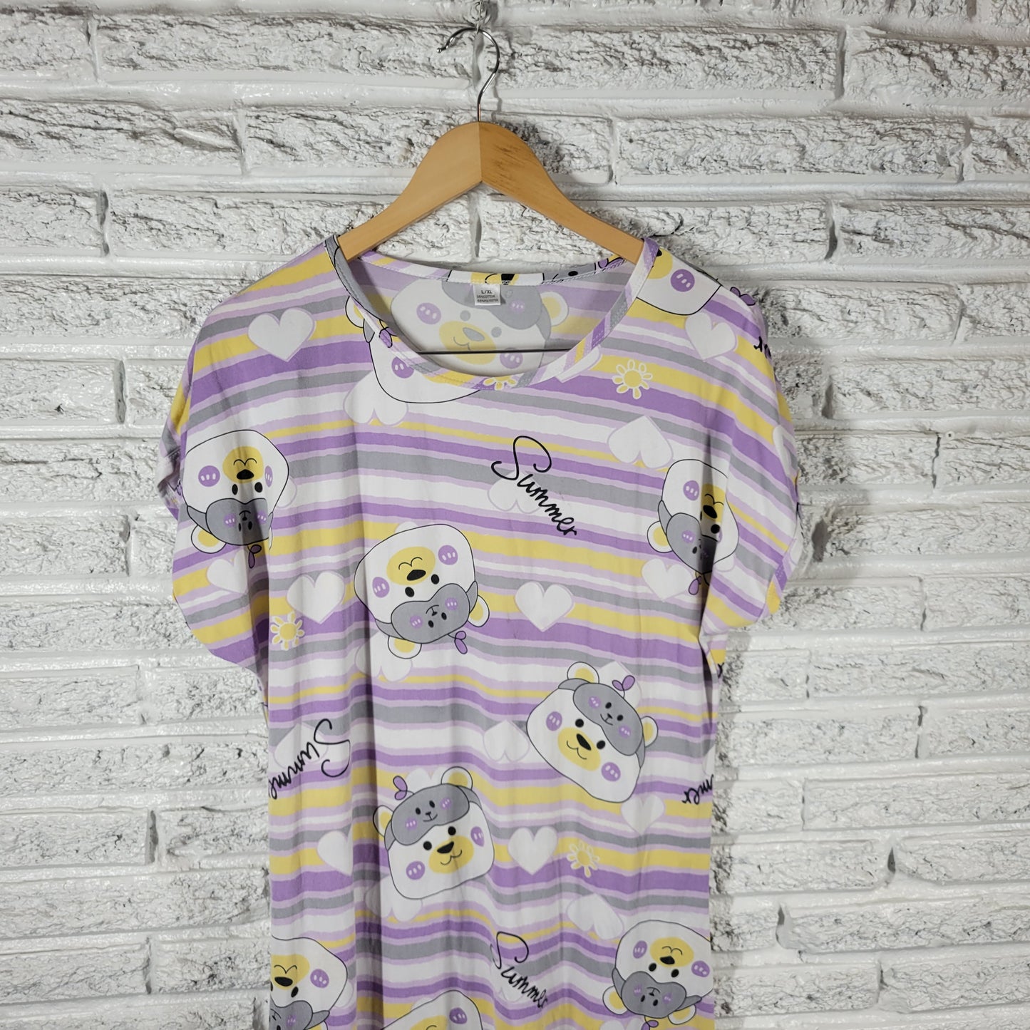 Cute Bear Striped Nightgown Womens L/XL Summer Sleep Shirt STR134XE