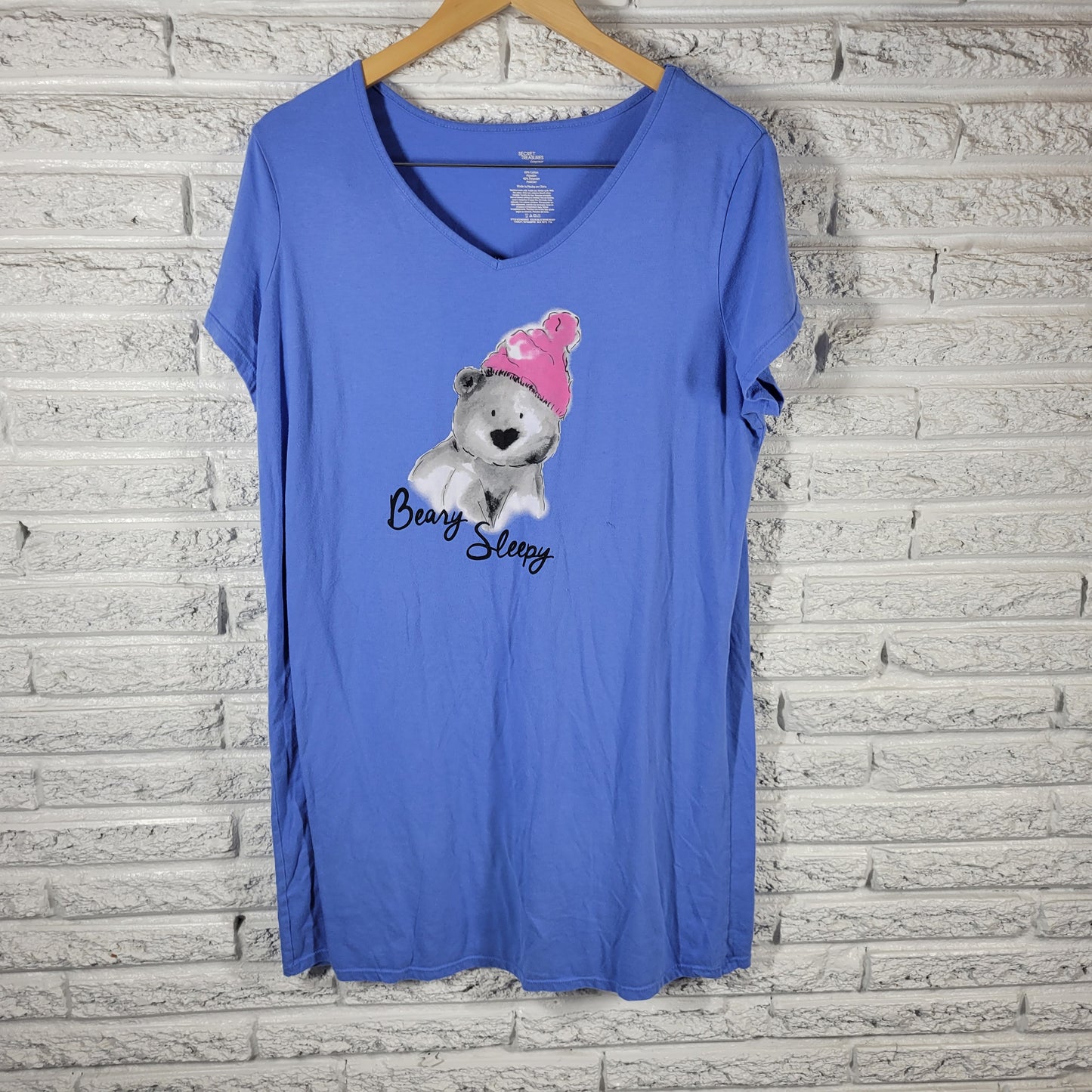 Secret Treasures L/XL Blue Pajama Top VNeck Sleepwear Short Sleeve Bear BLU67E
