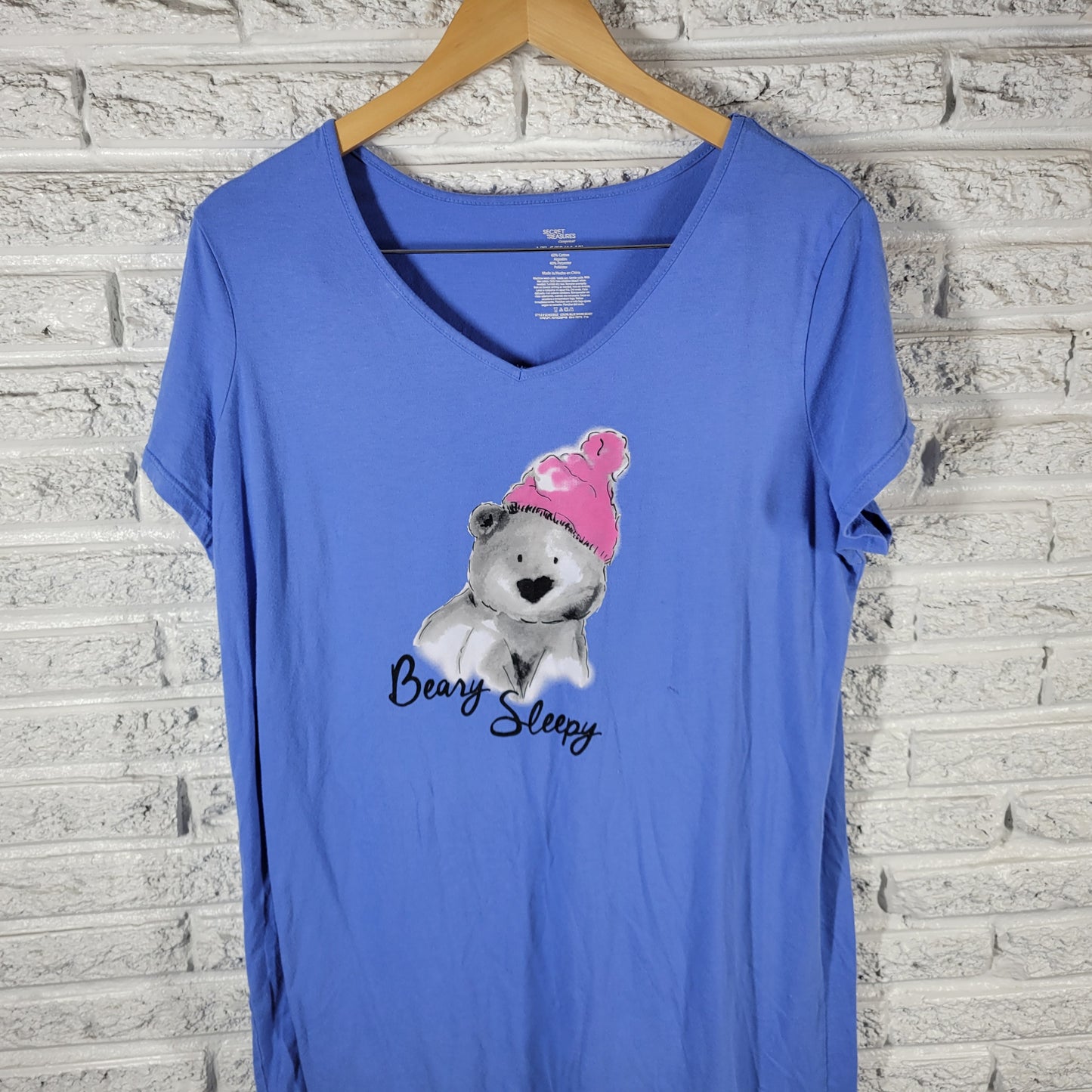 Secret Treasures L/XL Blue Pajama Top VNeck Sleepwear Short Sleeve Bear BLU67E