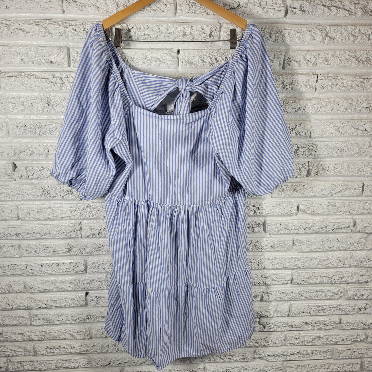 Beach Lunch Lounge Blue White Striped Peasant Dress XL Boat Neck Pleat STR116E