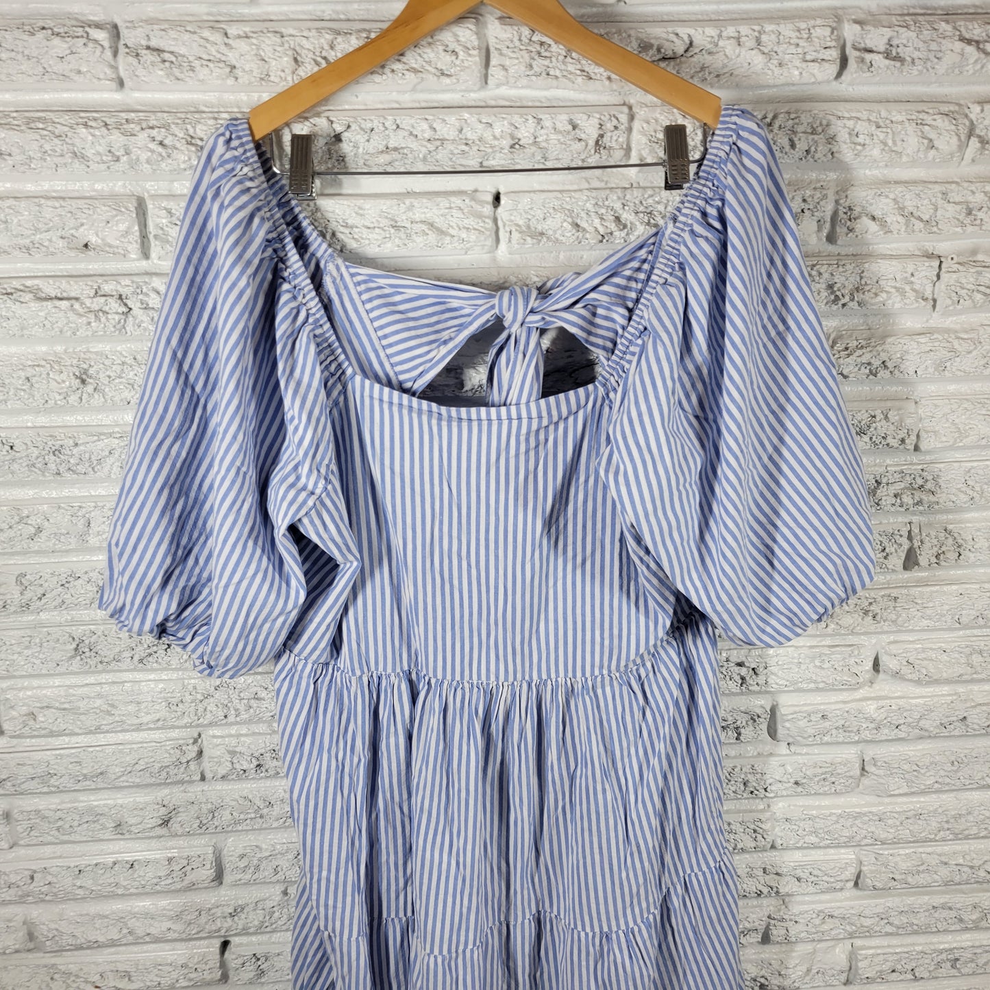 Beach Lunch Lounge Blue White Striped Peasant Dress XL Boat Neck Pleat STR116E