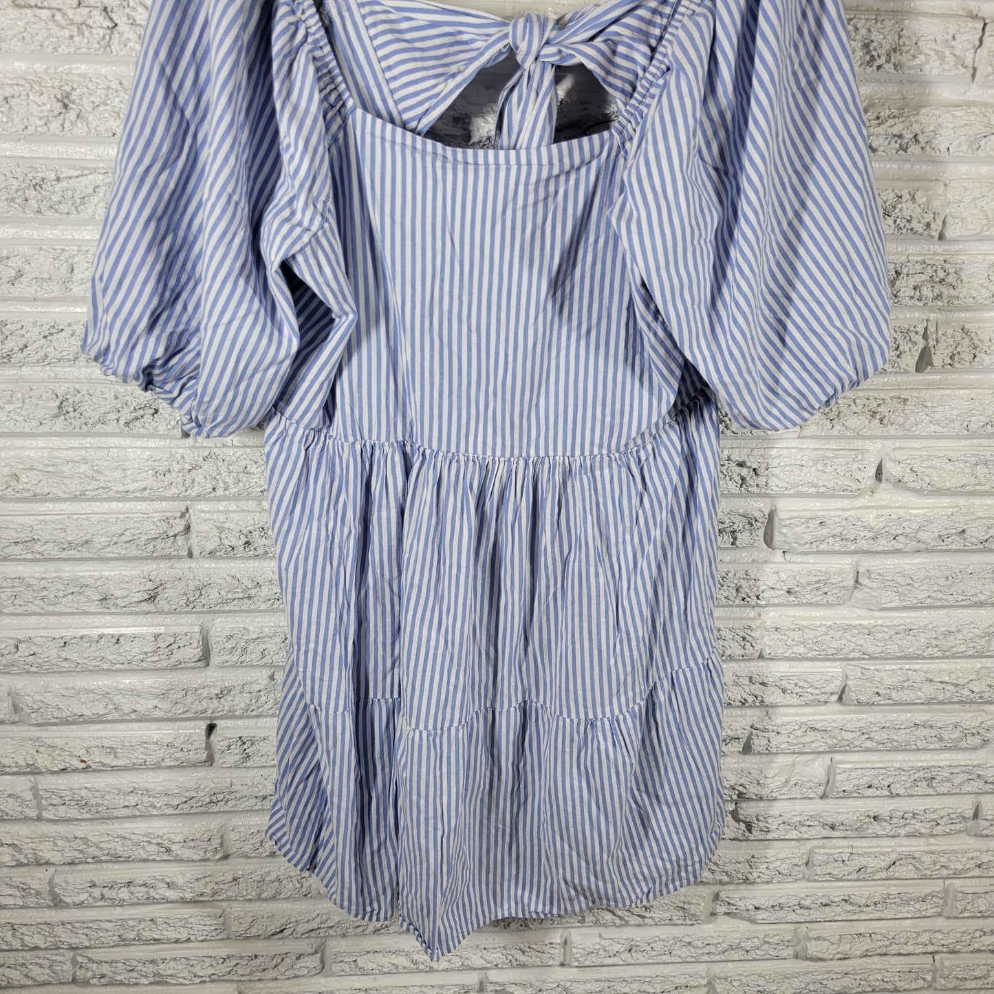 Beach Lunch Lounge Blue White Striped Peasant Dress XL Boat Neck Pleat STR116E