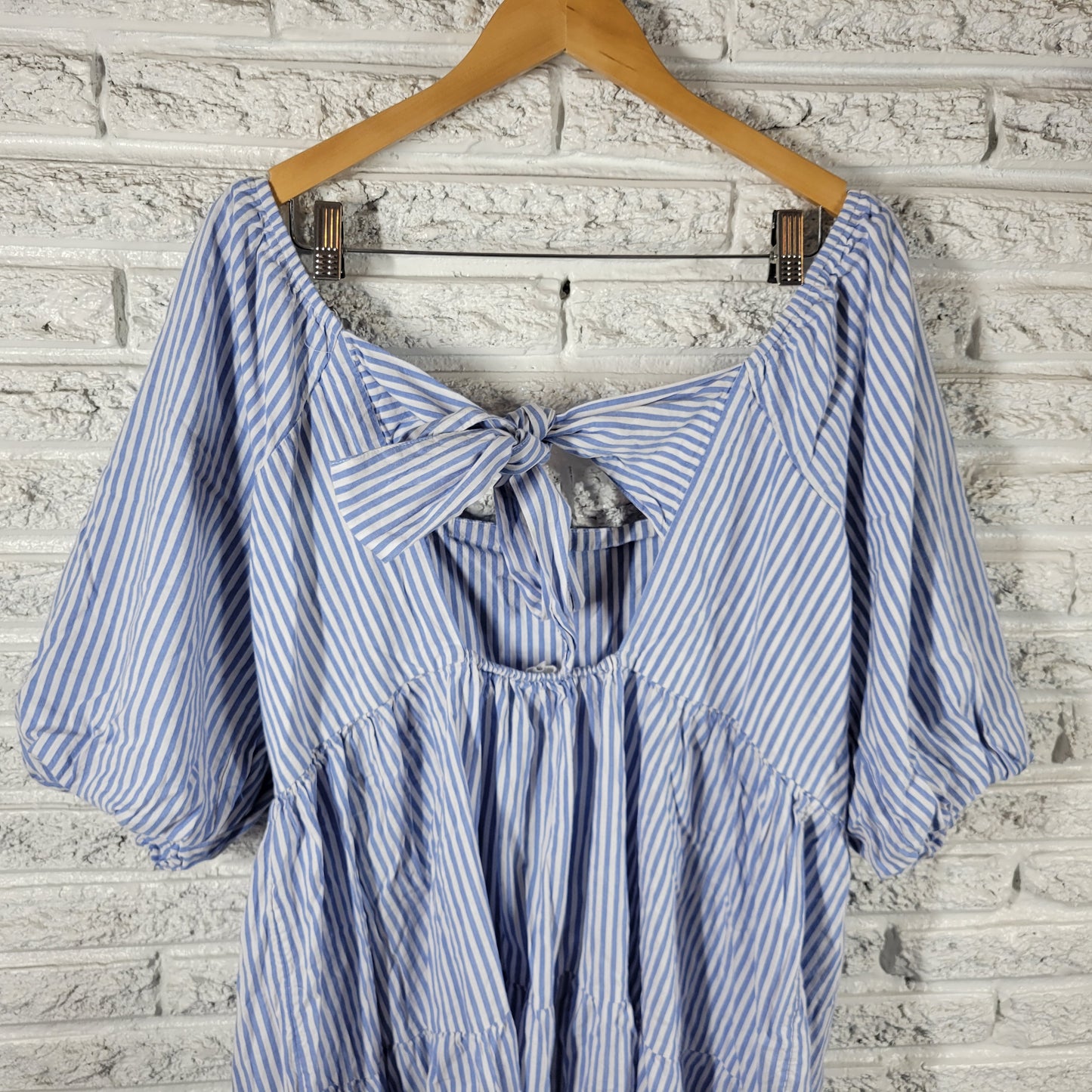 Beach Lunch Lounge Blue White Striped Peasant Dress XL Boat Neck Pleat STR116E