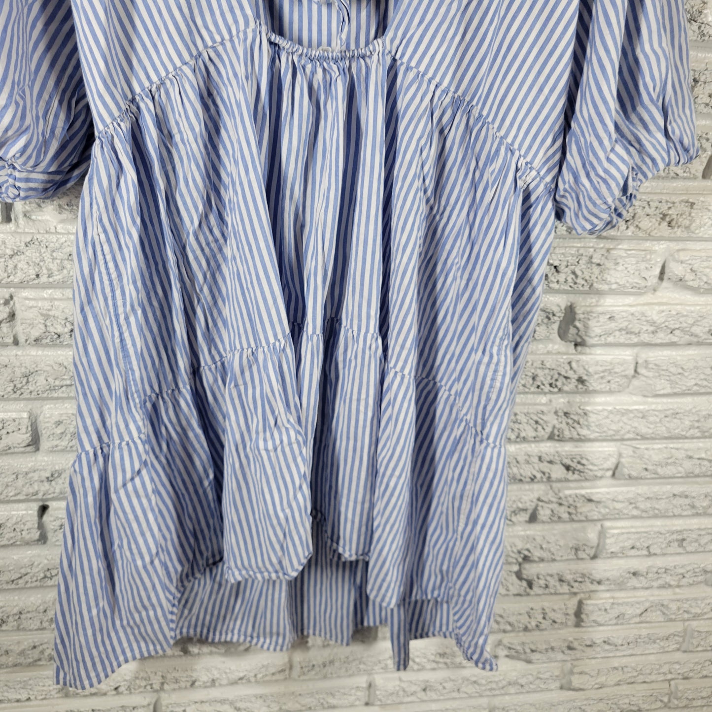 Beach Lunch Lounge Blue White Striped Peasant Dress XL Boat Neck Pleat STR116E