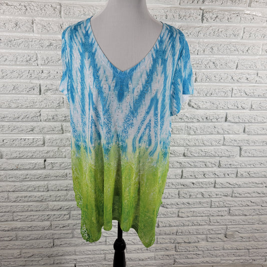 Time and Tru Womens Tee XXL 20 Blue Green Watercolor Lace Hem Rhinestone WAT68E