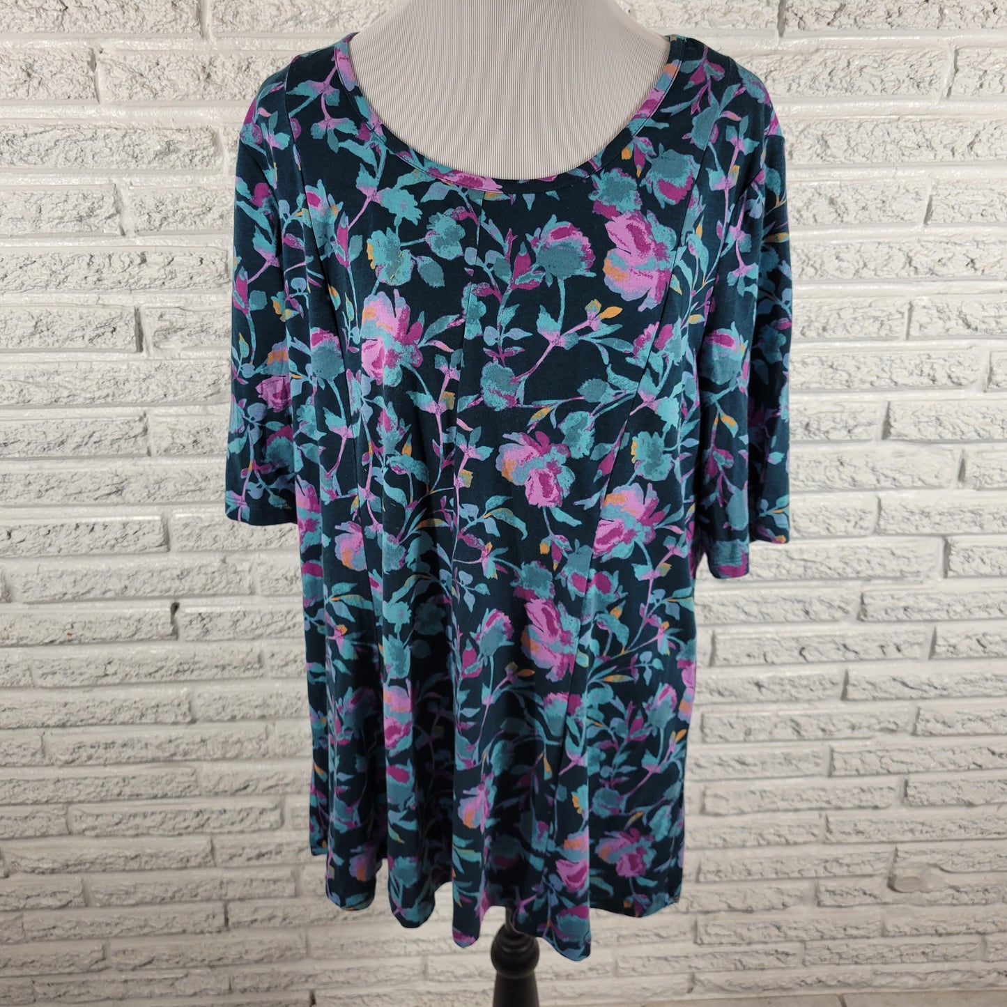 Denim & Co Womens Tee XL Blue Purple Floral Cotton Blend Tunic Top FLO279E