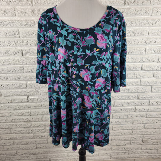 Denim & Co Womens Tee XL Blue Purple Floral Cotton Blend Tunic Top FLO279E