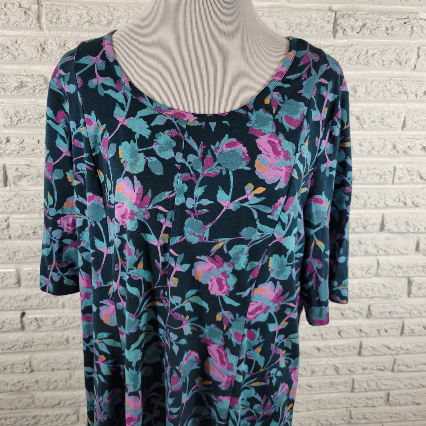 Denim & Co Womens Tee XL Blue Purple Floral Cotton Blend Tunic Top FLO279E