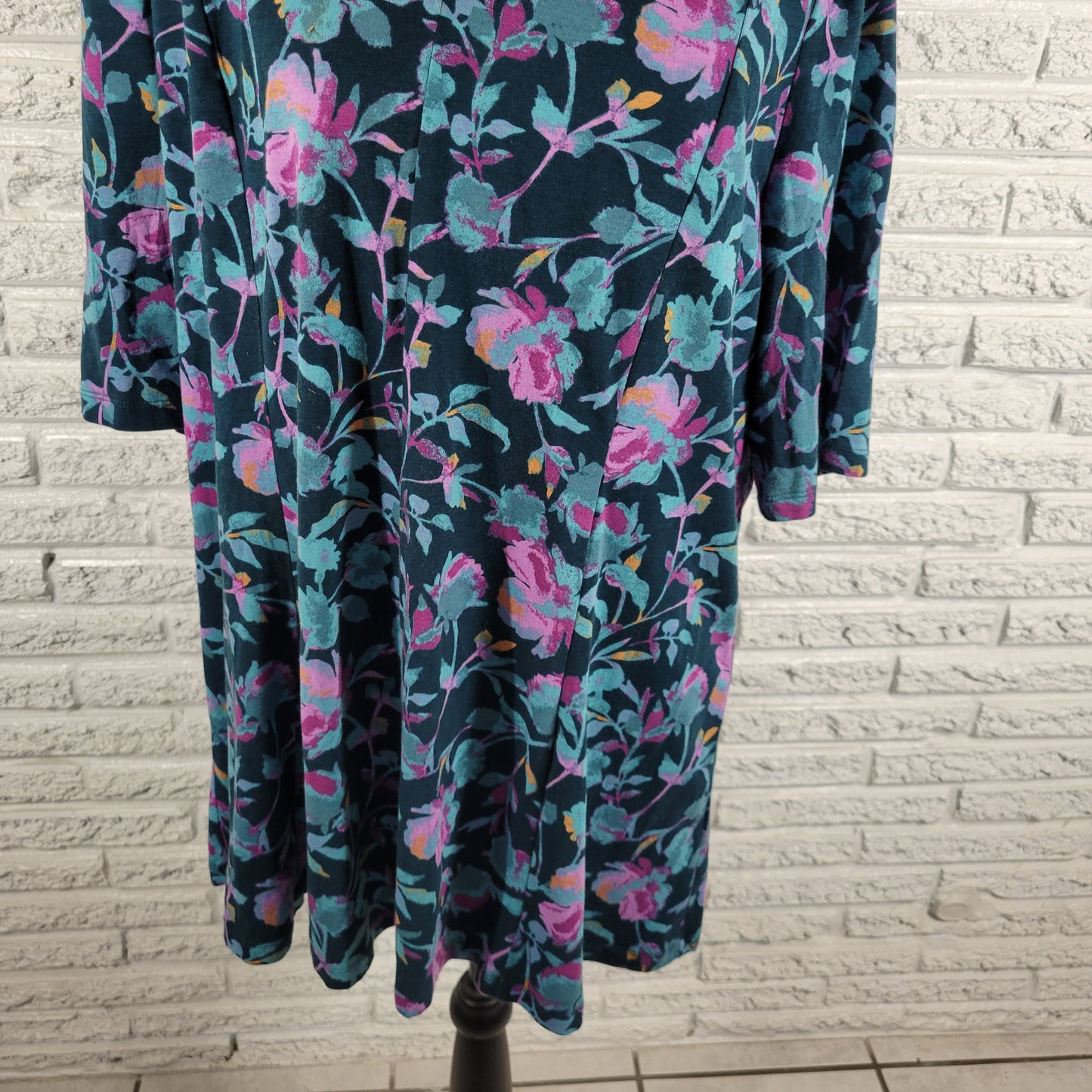 Denim & Co Womens Tee XL Blue Purple Floral Cotton Blend Tunic Top FLO279E