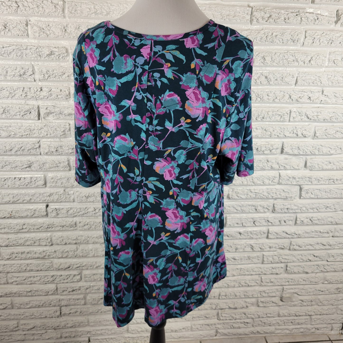 Denim & Co Womens Tee XL Blue Purple Floral Cotton Blend Tunic Top FLO279E