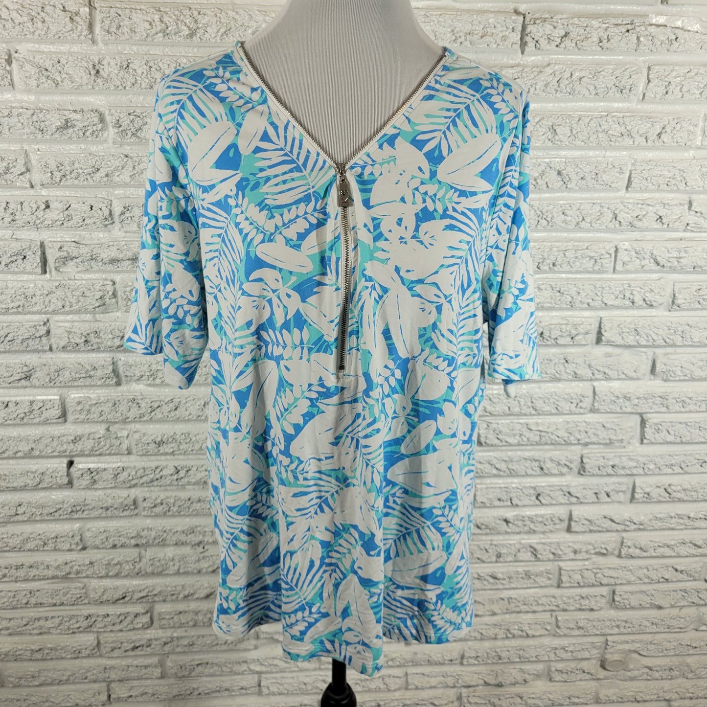 Belle Kim Gravel Womens Tee XL Blue White Floral Cotton Blend T-Shirt FLO275XE