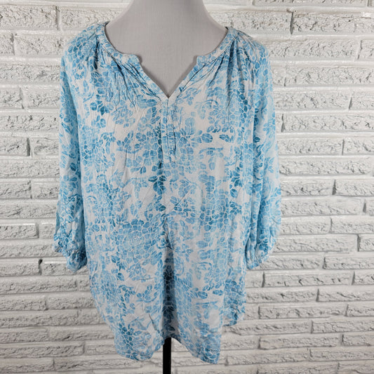 Sonoma Womens Top XL Blue White Floral Rayon Blouse V-Neck 3/4 Sleeve FLO274XE