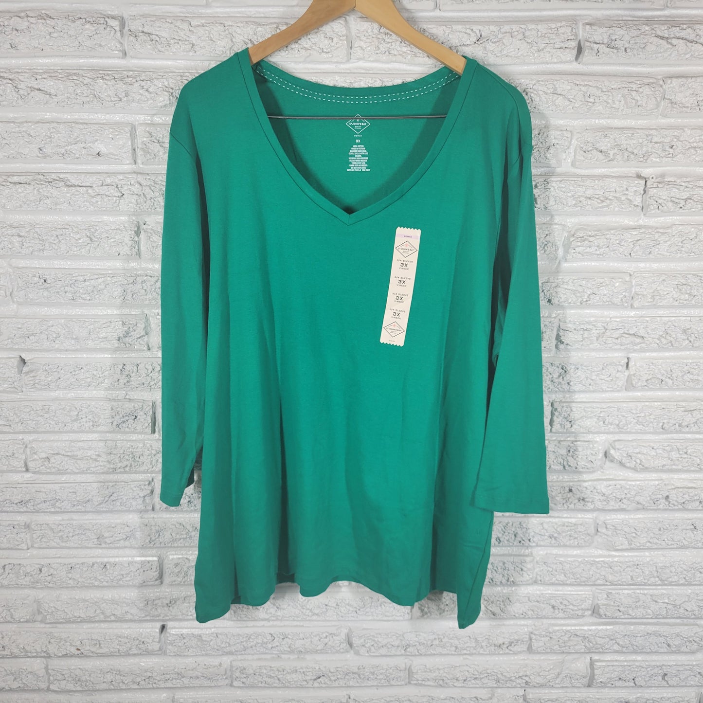 St Johns Bay Green Tee 3X 100% Cotton 3/4 Sleeve V Neck Plus Size Solid GRE12E