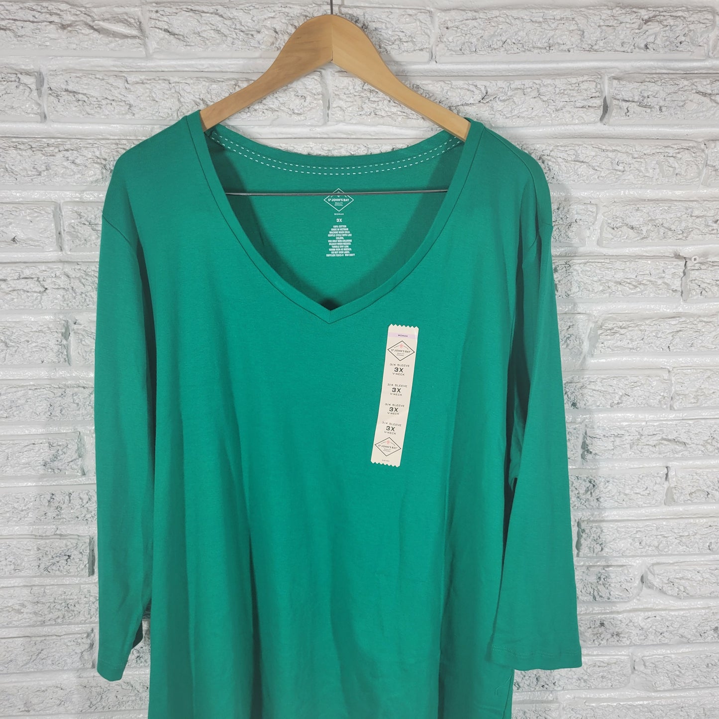 St Johns Bay Green Tee 3X 100% Cotton 3/4 Sleeve V Neck Plus Size Solid GRE12E