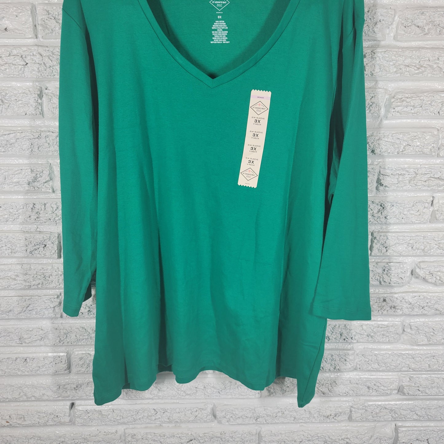 St Johns Bay Green Tee 3X 100% Cotton 3/4 Sleeve V Neck Plus Size Solid GRE12E