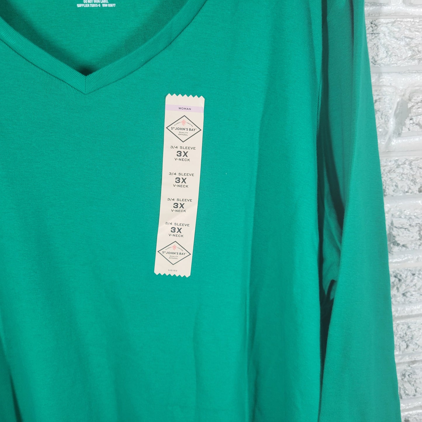 St Johns Bay Green Tee 3X 100% Cotton 3/4 Sleeve V Neck Plus Size Solid GRE12E